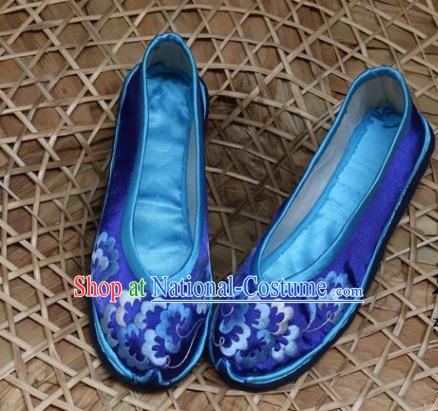 Asian Chinese Traditional Shoes Bride Xiuhe Suit Blue Embroidered Shoes, China Peking Opera Handmade Embroidery Shoe Hanfu Princess Shoes for Women