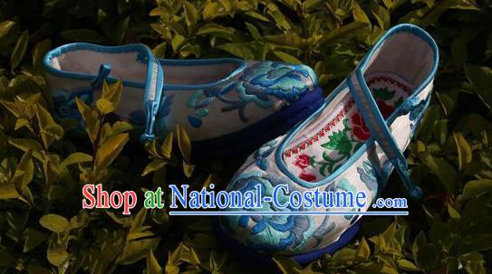 Asian Chinese Traditional Shoes Blue Bride Embroidered Shoes, China Peking Opera Handmade Embroidery Shoe Hanfu Princess Shoes for Women