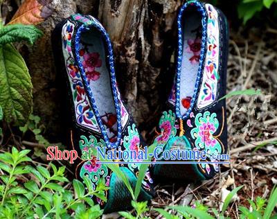 Asian Chinese Traditional Shoes Wedding Bride Black Embroidered Shoes, China Handmade Embroidery Hanfu Become Warped Head Shoe for Women