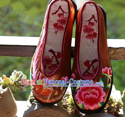 Asian Chinese Traditional Shoes Wedding Bride Brown Embroidered Shoes, China Handmade Embroidery Hanfu Shoes for Women