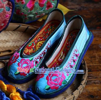 Asian Chinese Traditional Shoes Wedding Bride Blue Embroidered Shoes, China Handmade Embroidery Peony Hanfu Shoes for Women