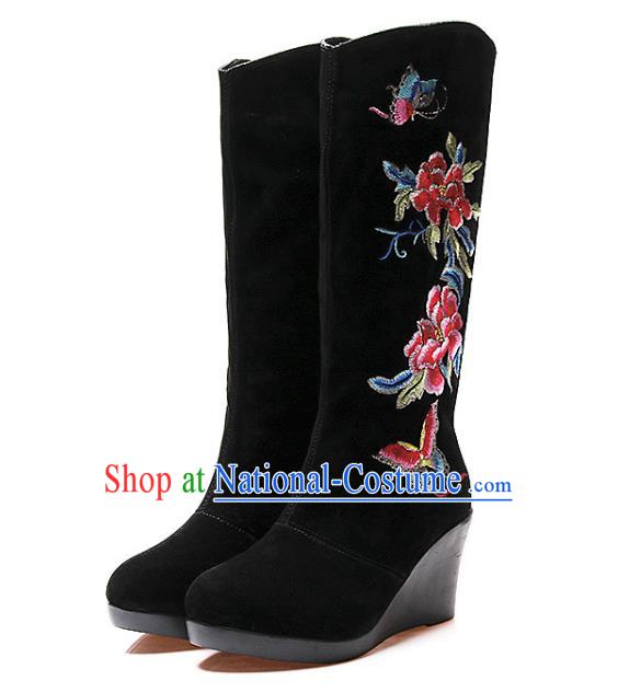 Asian Chinese Traditional Shoes Black Embroidered Boots, China Handmade Embroidery Peony Hanfu Shoes for Women