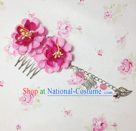 Traditional Chinese Ancient Classical Hair Accessories Hanfu Rosy Flowers Hair Comb Bride Butterfly Tassel Hairpins for Women