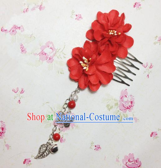 Traditional Chinese Ancient Classical Hair Accessories Hanfu Red Flowers Hair Comb Bride Butterfly Tassel Hairpins for Women