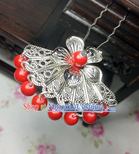 Traditional Chinese Ancient Classical Hair Accessories Hanfu Red Beads Tassel Hair Clip Bride Hairpins for Women