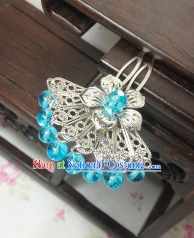 Traditional Chinese Ancient Classical Hair Accessories Hanfu Blue Beads Tassel Hair Clip Bride Hairpins for Women