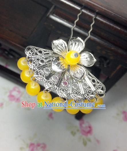 Traditional Chinese Ancient Classical Hair Accessories Hanfu Yellow Beads Tassel Hair Clip Bride Hairpins for Women