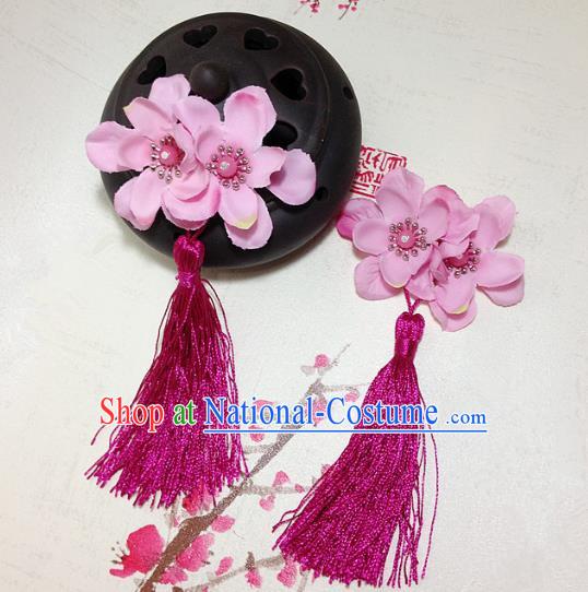 Traditional Chinese Ancient Classical Hair Accessories Hanfu Flowers Rosy Tassel Hair Stick Bride Hairpins for Women