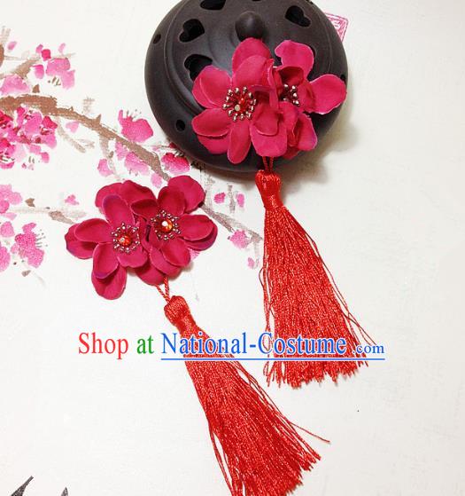 Traditional Chinese Ancient Classical Hair Accessories Hanfu Red Flowers Tassel Hair Stick Bride Hairpins for Women