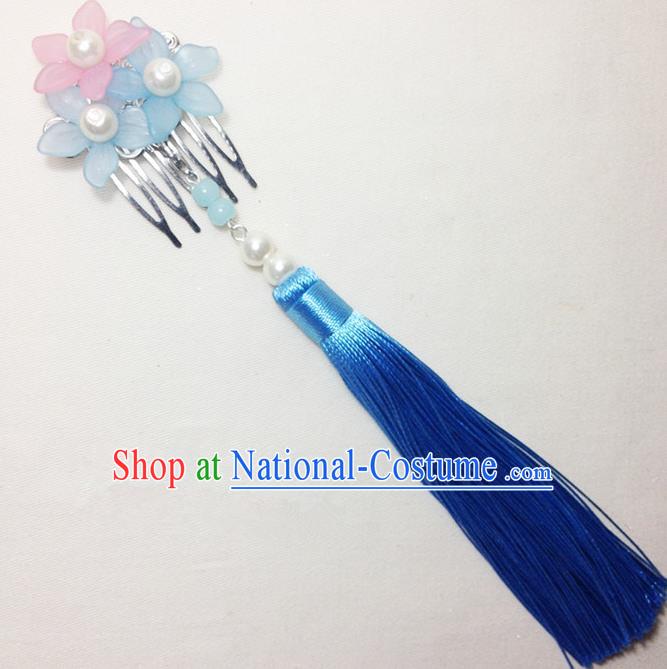 Traditional Chinese Ancient Classical Hair Accessories Hanfu Cheongsam Hair Comb Bride Blue Tassel Hairpins for Women