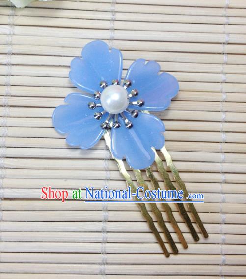 Traditional Chinese Ancient Classical Hair Accessories Hanfu Hair Comb Blue Flower Hairpins for Women