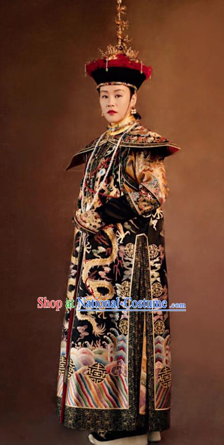 Traditional Ancient Chinese Qing Dynasty Manchu Imperial Empress Mandarin Embroidered Costume and Handmade Headpiece Complete Set for Women