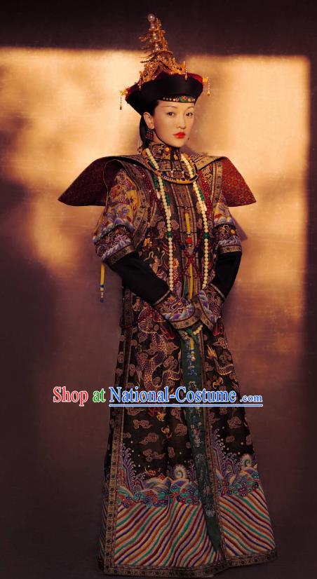 Traditional Ancient Chinese Qing Dynasty Palace Lady Manchu Empress Embroidered Costume and Handmade Headpiece Complete Set for Women