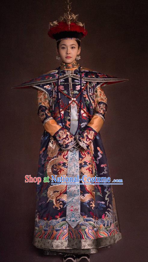 Traditional Ancient Chinese Qing Dynasty Palace Lady Manchu Imperial Concubine Embroidered Costume and Handmade Headpiece Complete Set for Women