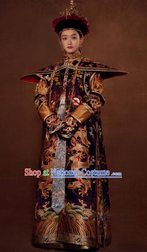 Traditional Ancient Chinese Qing Dynasty Palace Lady Court Dress Manchu Empress Embroidered Costume and Headpiece Complete Set