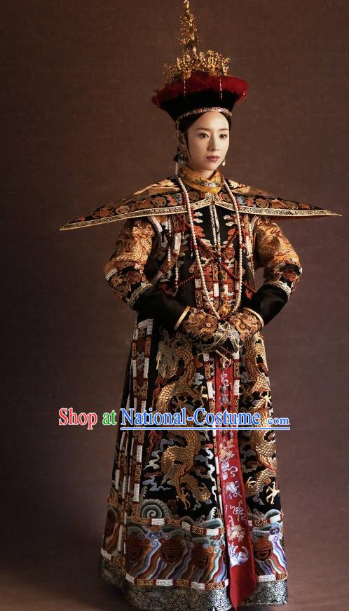 Traditional Ancient Chinese Qing Dynasty Manchu Lady Imperial Empress Embroidered Costume and Headpiece Complete Set