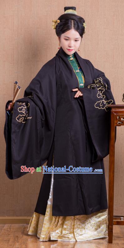 Asian China Ming Dynasty Princess Costume Wide Sleeve Cardigan, Traditional Ancient Chinese Palace Lady Embroidered Hanfu Black Cape Clothing for Women