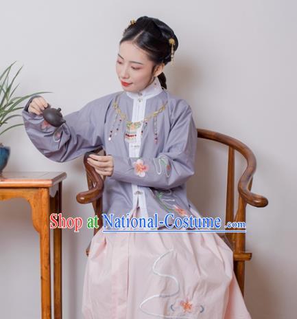 Asian China Ming Dynasty Princess Costume Purple Blouse and Pink Skirt, Traditional Ancient Chinese Palace Lady Embroidered Hanfu Clothing for Women