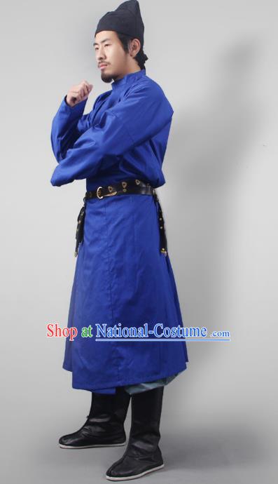 Asian China Tang Dynasty Swordsman Costume Blue Robe, Traditional Ancient Chinese Imperial Bodyguard Clothing for Men