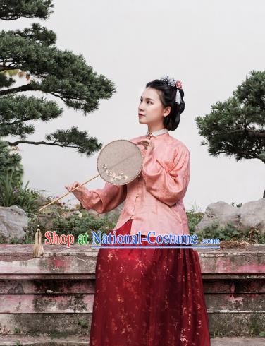 Asian China Ming Dynasty Palace Lady Costume Pink Brocade Blouse, Traditional Ancient Chinese Princess Hanfu Embroidered Clothing for Women