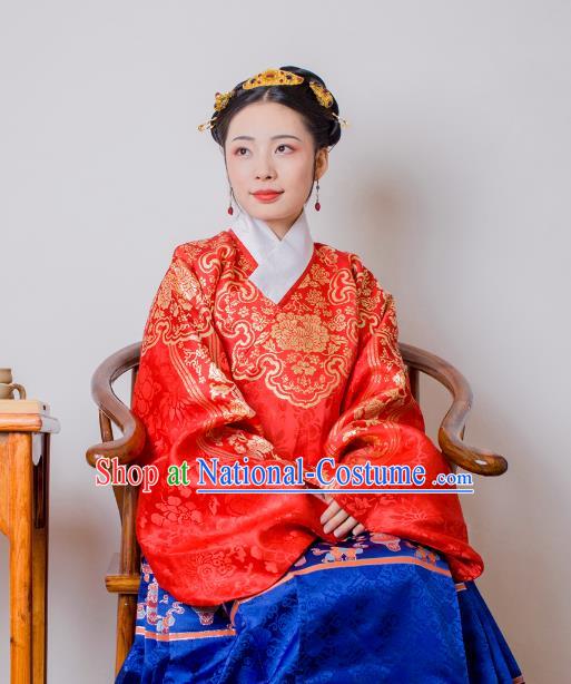 Asian China Ming Dynasty Palace Lady Costume Red Brocade Wedding Blouse, Traditional Ancient Chinese Princess Hanfu Embroidered Clothing for Women