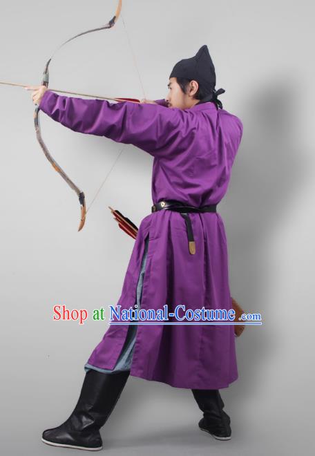 Asian China Tang Dynasty Swordsman Costume Purple Robe, Traditional Ancient Chinese Imperial Bodyguard Clothing for Men