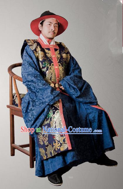 Asian China Ming Dynasty Swordsman Costume Blue Brocade Vest, Traditional Ancient Chinese Imperial Emperor Waistcoat Clothing for Men