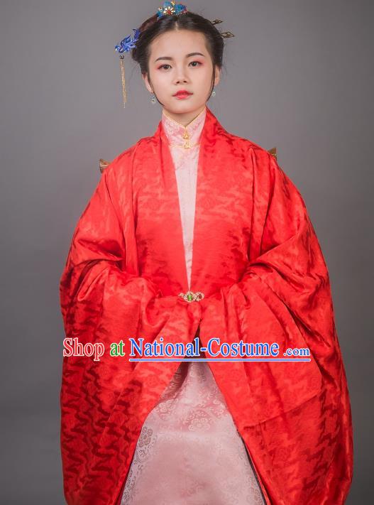 Asian China Ming Dynasty Princess Costume Red Cloak, Traditional Ancient Chinese Palace Lady Embroidered Hanfu Cape Clothing for Women