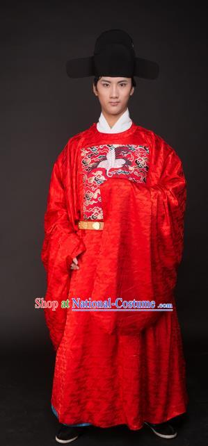 Asian China Ming Dynasty Wedding Costume Bridegroom Red Robe, Traditional Ancient Chinese Lang Scholar Embroidered Hanfu Clothing for Men