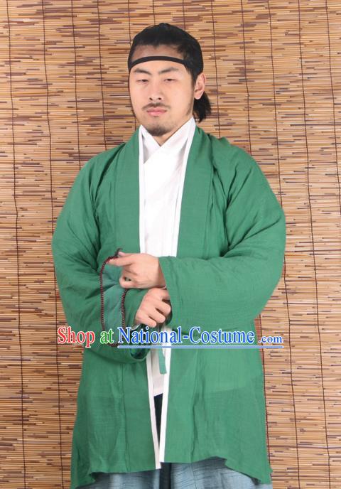 Asian China Ming Dynasty Swordsman Costume Green Shirts, Traditional Ancient Chinese Youxia Hanfu BeiZi Clothing for Men