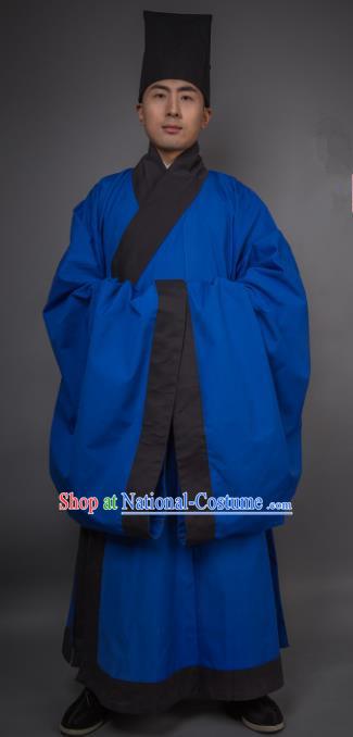 Asian China Han Dynasty Minister Costume Blue Robe, Traditional Ancient Chinese Chancellor Hanfu Clothing for Men