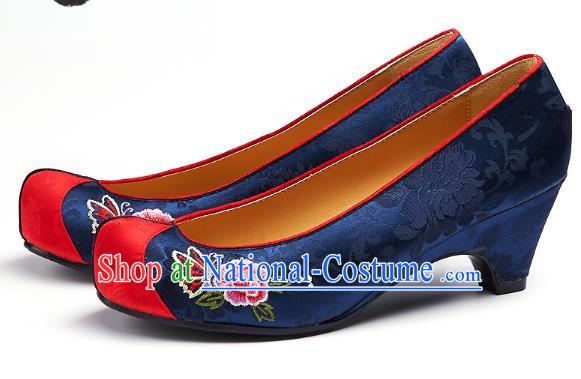 Traditional Korean National Embroidered Shoes, Asian Korean Hanbok Navy Wedding Shoes for Women