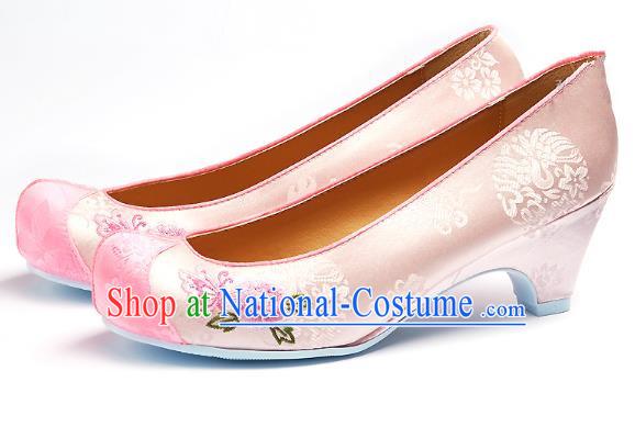 Traditional Korean National Embroidered Shoes, Asian Korean Hanbok Pink Wedding Shoes for Women