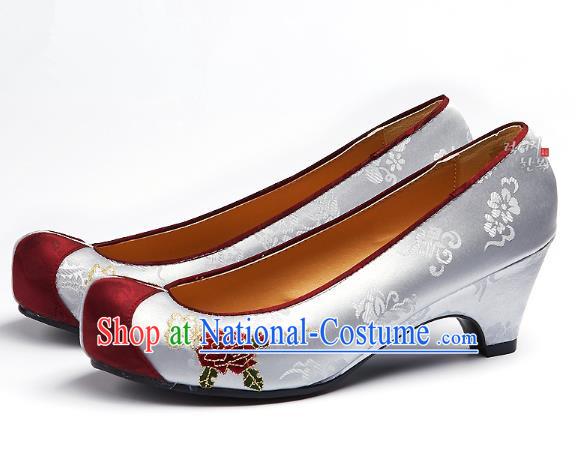 Traditional Korean National Embroidered Shoes, Asian Korean Hanbok Grey Wedding Shoes for Women