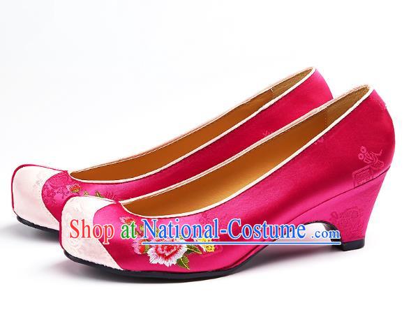 Traditional Korean National Embroidered Shoes, Asian Korean Hanbok Rosy Wedding Shoes for Women