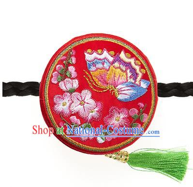 Traditional Korean Hair Accessories Embroidered Butterfly Red Hair Clasp, Asian Korean Fashion Headwear Headband for Kids