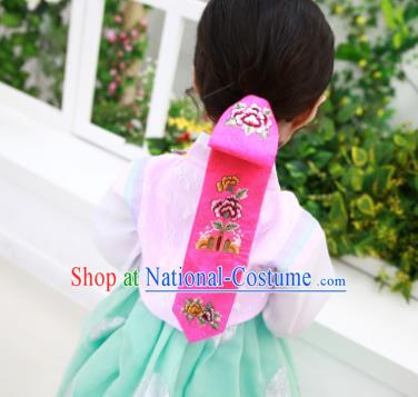 Traditional Korean Hair Accessories Embroidered Flowers Pink Hair Ribbon, Asian Korean Fashion Headwear Wedding Headband for Kids