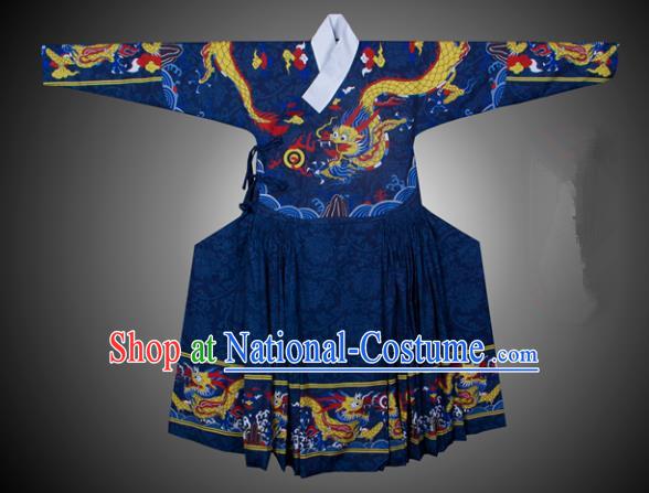 Asian China Ming Dynasty Swordsman Costume Printing Blue Robe, Traditional Ancient Chinese Imperial Bodyguard Hanfu Clothing for Men