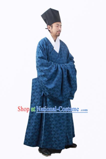 Asian China Han Dynasty Minister Costume Blue Robe, Traditional Ancient Chinese Chancellor Hanfu Clothing for Men