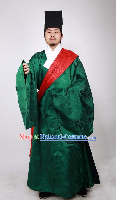 Asian China Ming Dynasty Minister Costume Green Brocade Robe, Traditional Ancient Chinese Chancellor Hanfu Clothing for Men