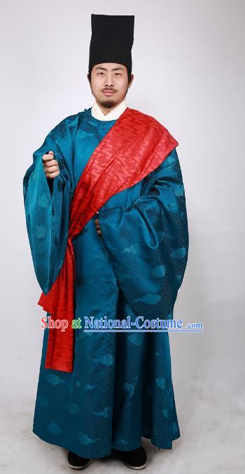 Asian China Ming Dynasty Minister Costume Blue Brocade Robe, Traditional Ancient Chinese Chancellor Hanfu Clothing for Men