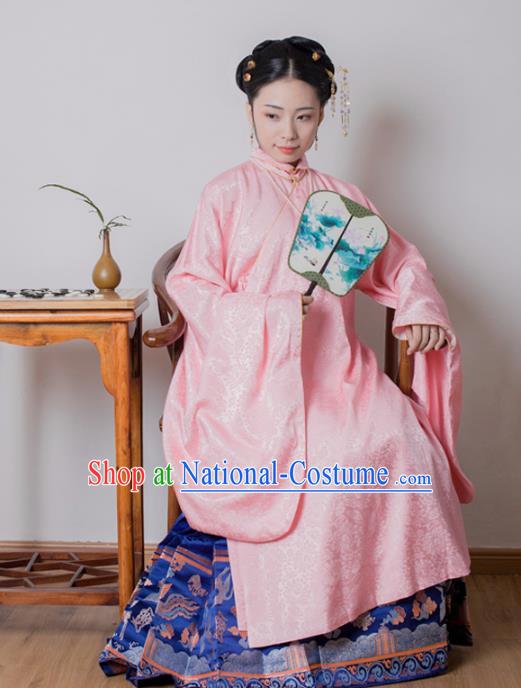 Asian China Ming Dynasty Princess Costume Pink Robe, Traditional Ancient Chinese Palace Lady Embroidered Hanfu Clothing for Women