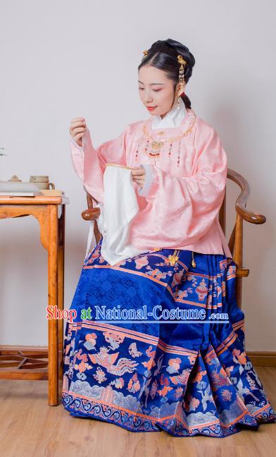 Asian China Ming Dynasty Princess Costume Pink Blouse, Traditional Ancient Chinese Palace Lady Embroidered Hanfu Clothing for Women