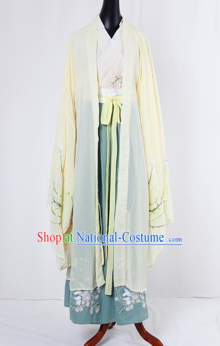 Asian China Tang Dynasty Princess Costume Yellow Wide Sleeve Cardigan, Traditional Ancient Chinese Palace Lady Embroidered Hanfu Clothing for Women