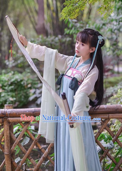 Asian China Tang Dynasty Princess Costume, Traditional Ancient Chinese Palace Lady Embroidered Hanfu Blue Slip Skirt Clothing for Women