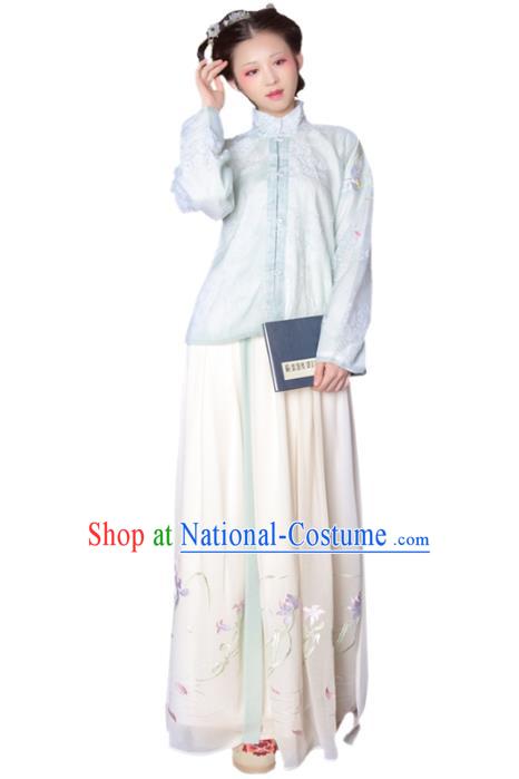 Asian China Ming Dynasty Princess Costume Green Blouse and Skirt, Traditional Ancient Chinese Palace Lady Hanfu Embroidered Clothing for Women