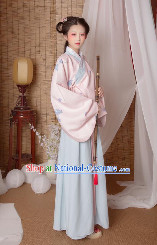 Asian China Ming Dynasty Princess Costume Pink Blouse and Skirt, Traditional Ancient Chinese Palace Lady Hanfu Embroidered Clothing for Women