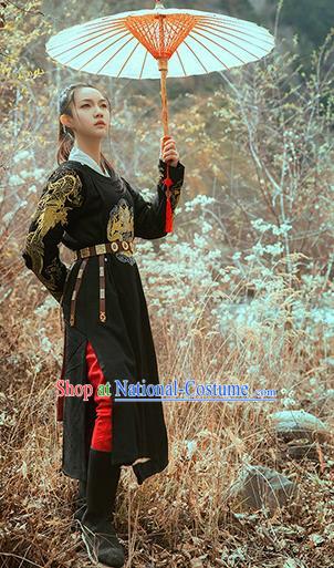 Asian China Ming Dynasty Costume Black Robe, Traditional Ancient Chinese Swordsman Hanfu Embroidered Clothing for Women