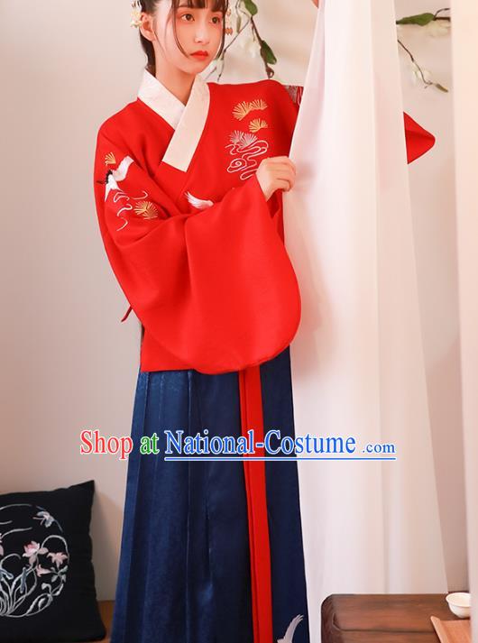 Asian China Ming Dynasty Young Lady Costume Red Blouse and Skirt, Traditional Ancient Chinese Princess Hanfu Embroidered Clothing for Women