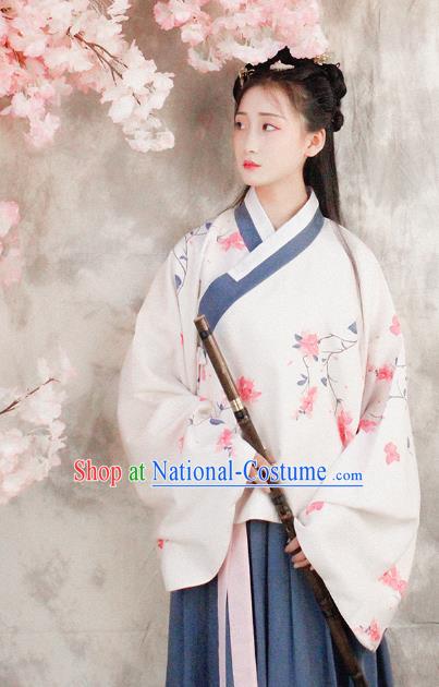 Asian China Ming Dynasty Young Lady Costume White Blouse and Skirt, Traditional Ancient Chinese Princess Hanfu Embroidered Clothing for Women